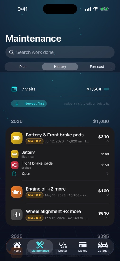 Autotab service history screen